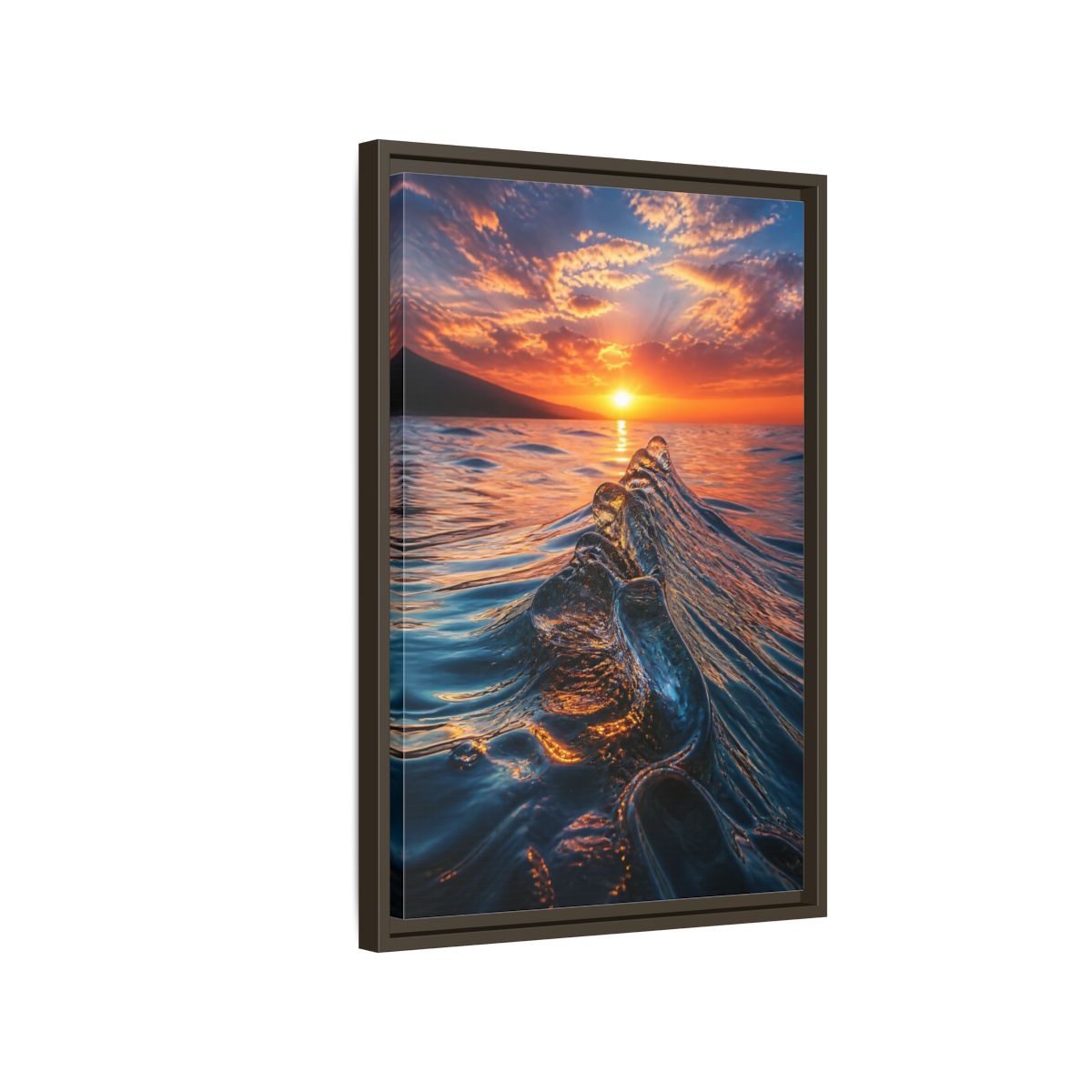 Side Mockup 2. Nature Ocean Wave Blue And Orange Ocean shown as stretched canvas wall art