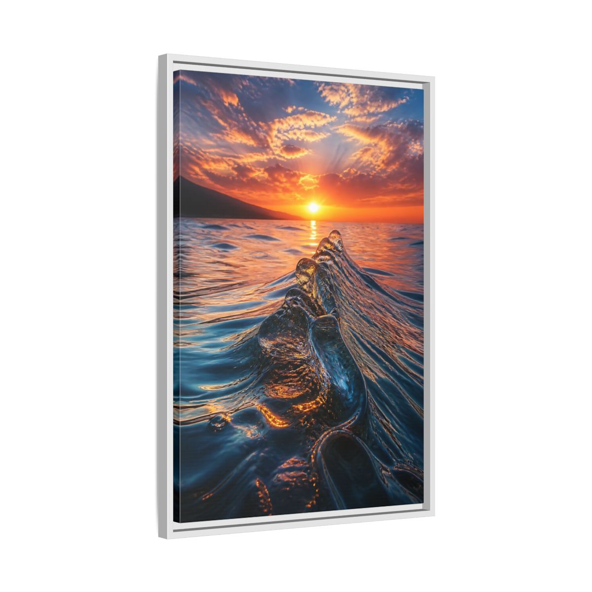 Side Mockup 10. Nature Ocean Wave Blue And Orange Ocean shown as stretched canvas wall art