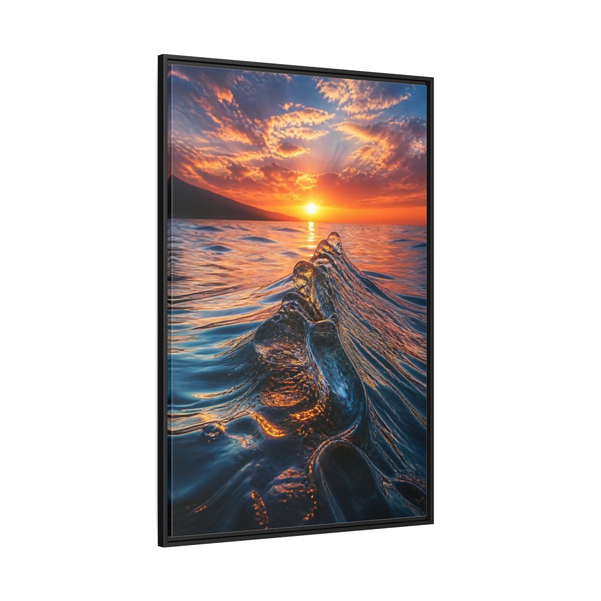 Side Mockup 12. Nature Ocean Wave Blue And Orange Ocean shown as stretched canvas wall art