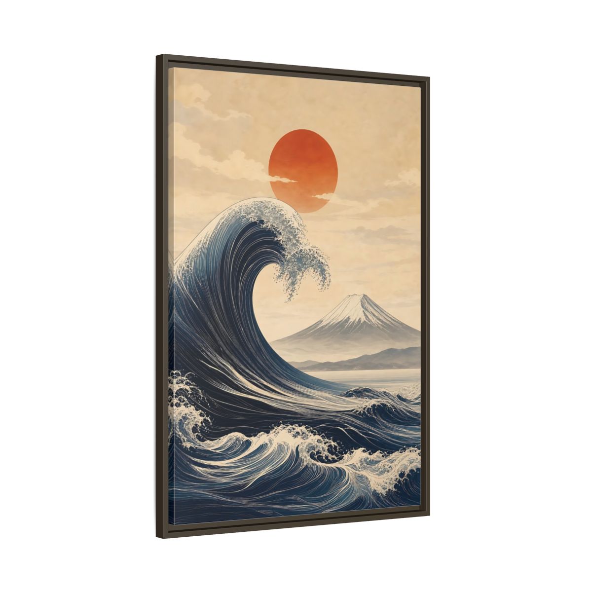 Main Mockup. Nature Ocean Wave Blue And Orange Landscape shown as stretched canvas wall art