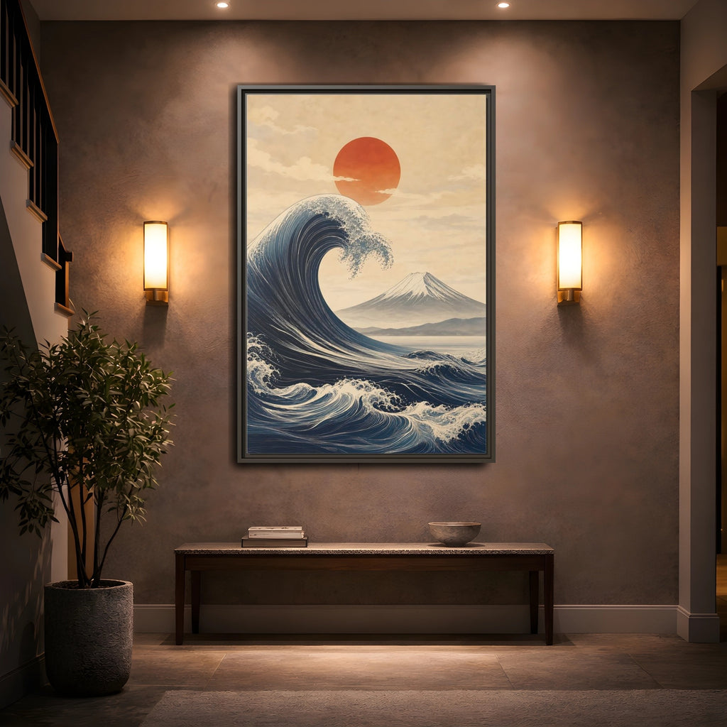 Mockup 2. Nature Ocean Wave Blue And Orange Landscape shown as stretched canvas wall art