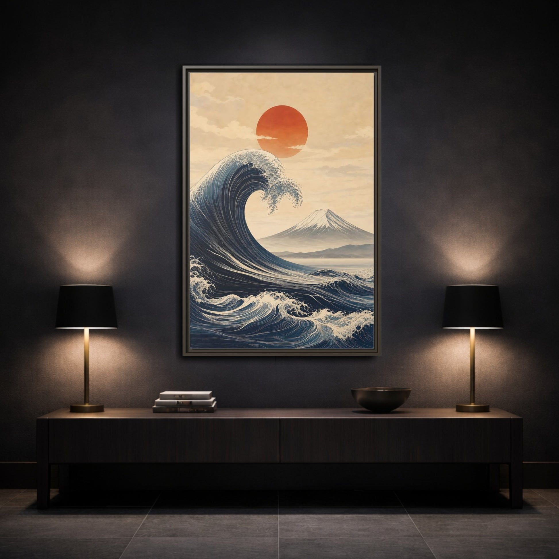 Mockup 3. Nature Ocean Wave Blue And Orange Landscape shown as stretched canvas wall art