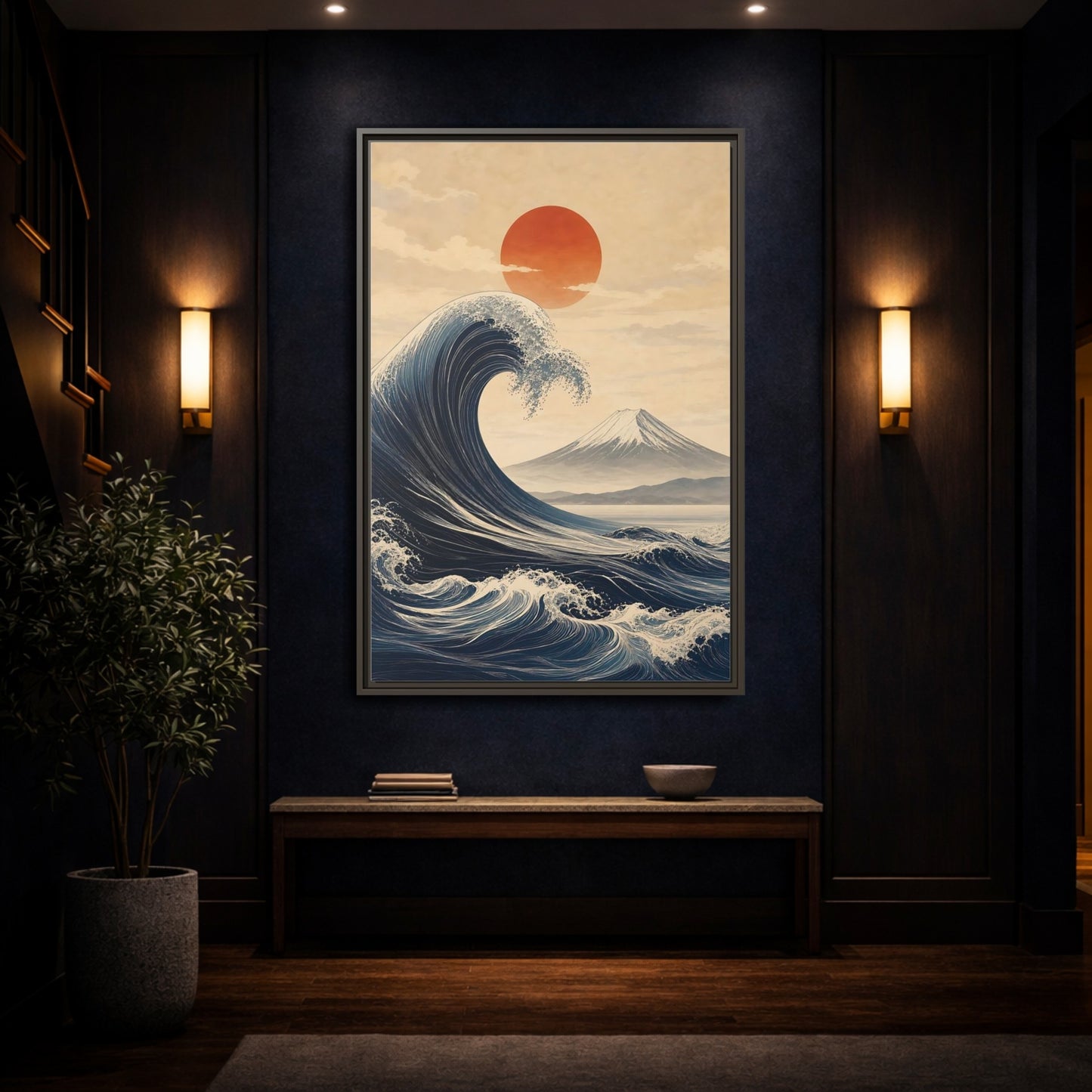 Mockup 4. Nature Ocean Wave Blue And Orange Landscape shown as stretched canvas wall art
