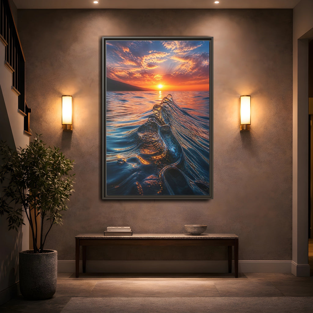 Mockup 2. Nature Ocean Wave Blue And Orange Ocean shown as stretched canvas wall art