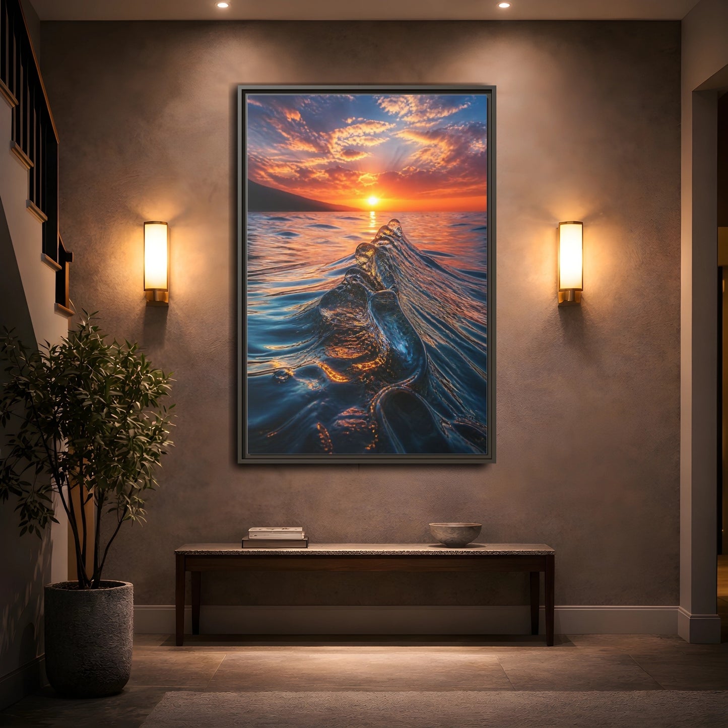 Mockup 2. Nature Ocean Wave Blue And Orange Ocean shown as stretched canvas wall art