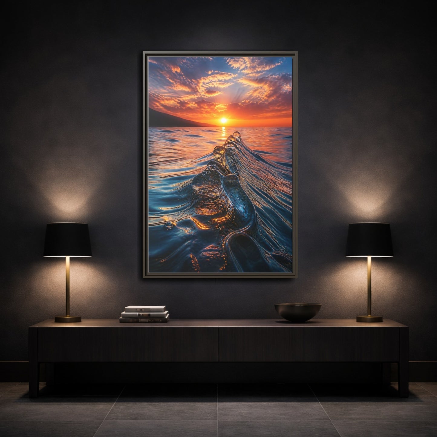Mockup 3. Nature Ocean Wave Blue And Orange Ocean shown as stretched canvas wall art