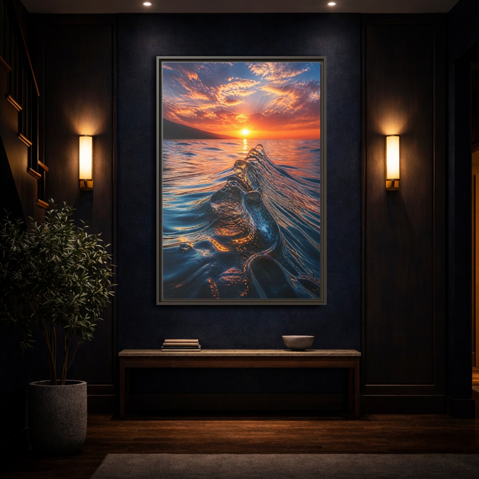 Mockup 4. Nature Ocean Wave Blue And Orange Ocean shown as stretched canvas wall art
