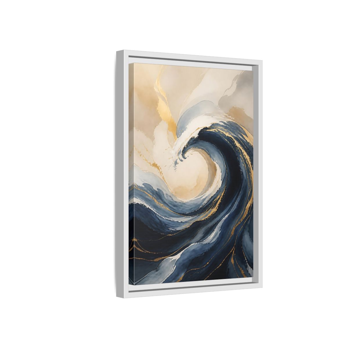Side Mockup 4. Nature Ocean Wave Blue Gold Wave shown as stretched canvas wall art