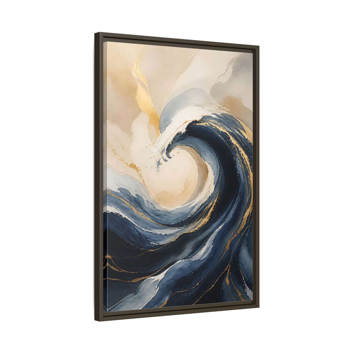 Side Mockup 11. Nature Ocean Wave Blue Gold Wave shown as stretched canvas wall art