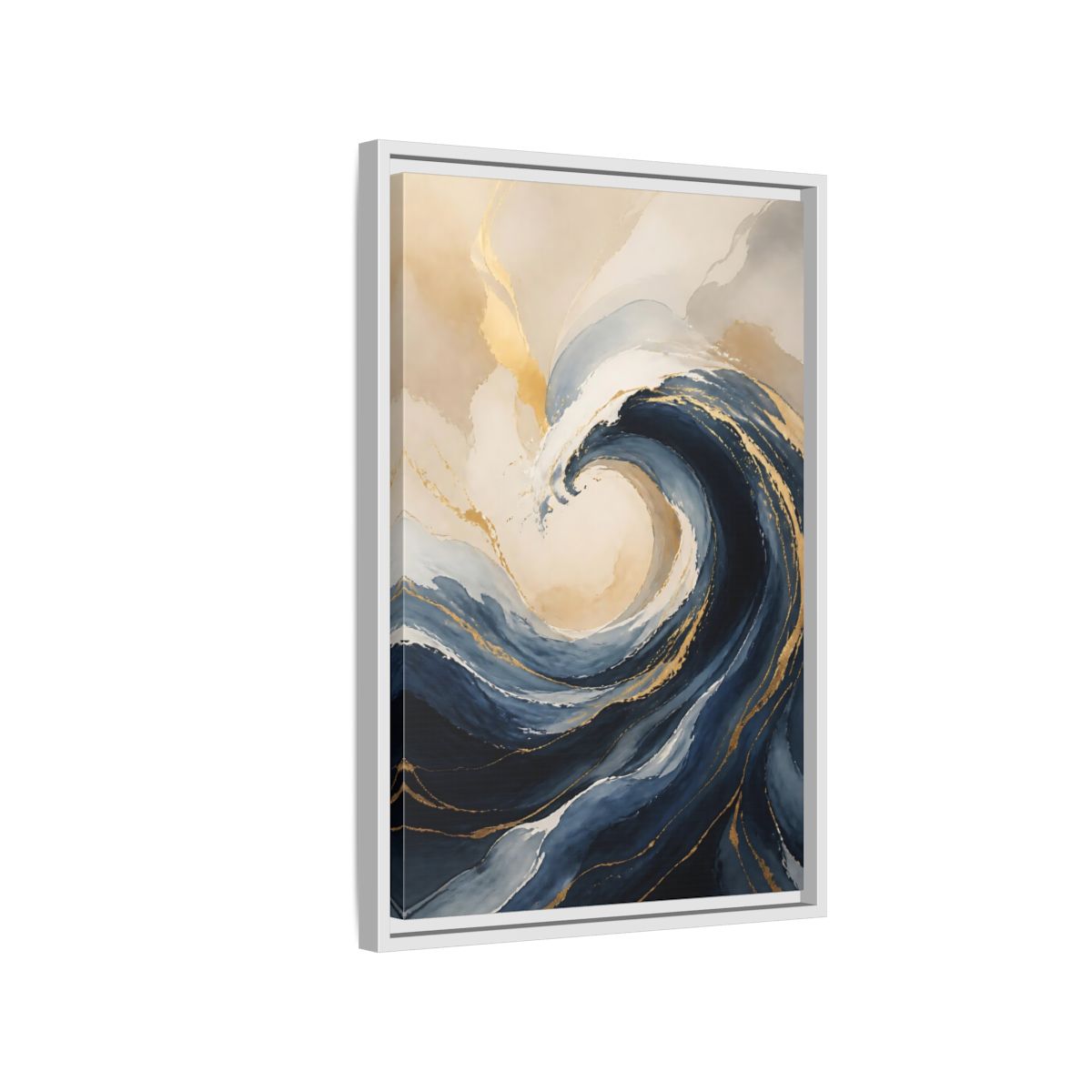 Side Mockup 1. Nature Ocean Wave Blue Gold Wave shown as stretched canvas wall art