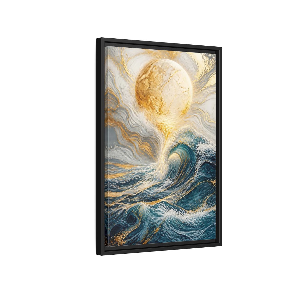 Side Mockup 3. Nature Ocean Wave Blue Gold Ocean shown as stretched canvas wall art