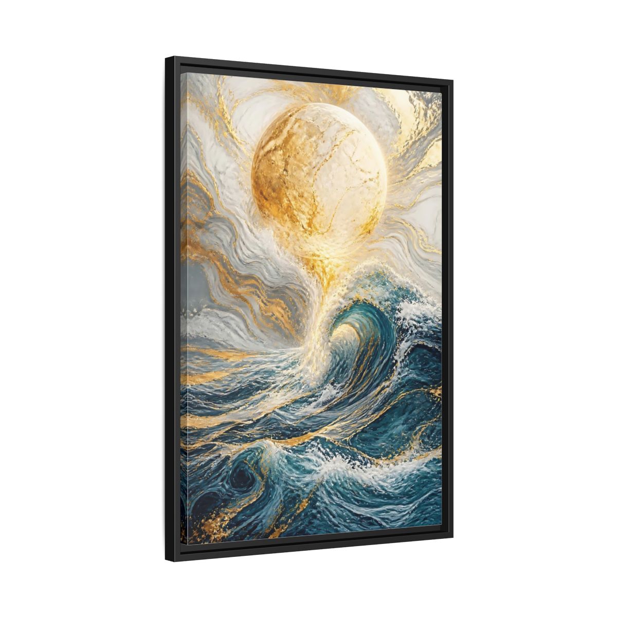 Side Mockup 14. Nature Ocean Wave Blue Gold Ocean shown as stretched canvas wall art