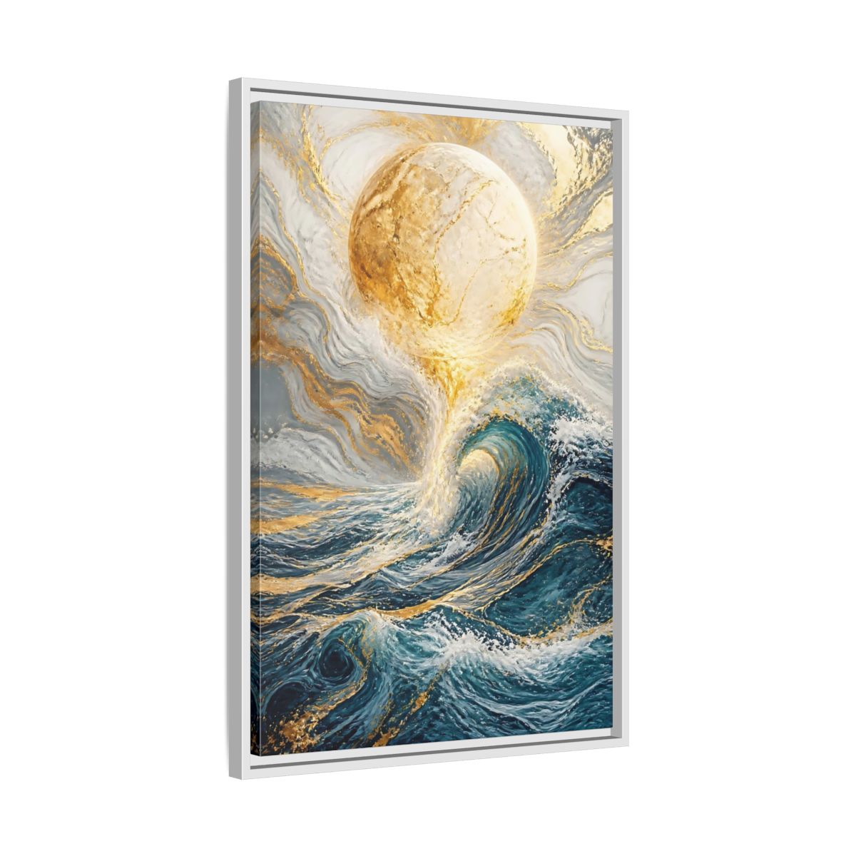 Side Mockup 10. Nature Ocean Wave Blue Gold Ocean shown as stretched canvas wall art