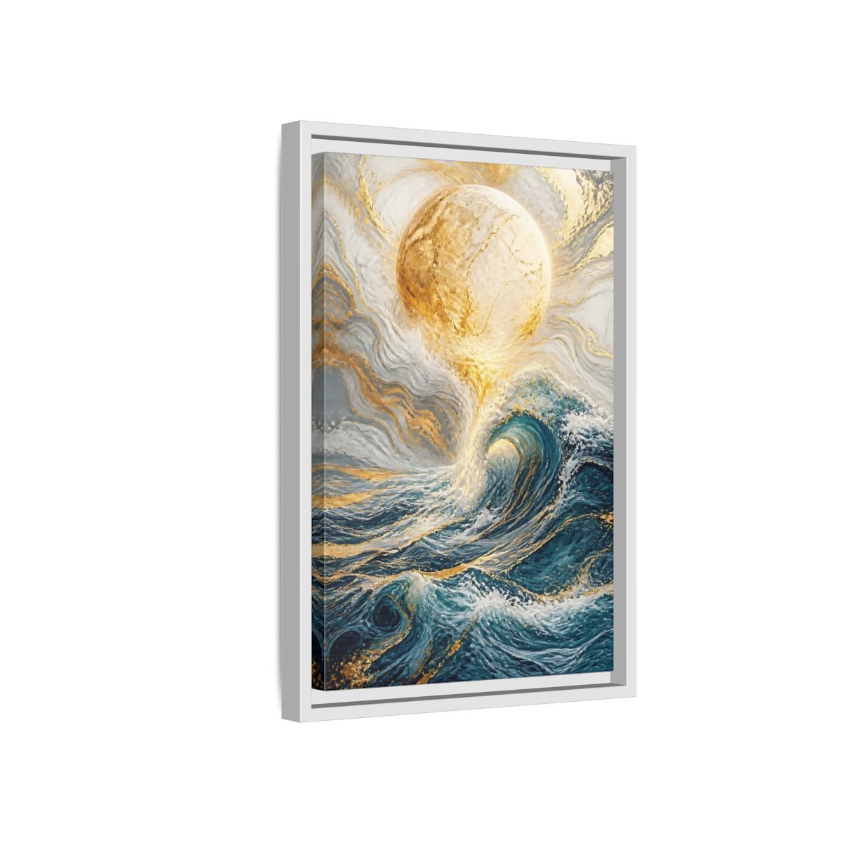 Side Mockup 4. Nature Ocean Wave Blue Gold Ocean shown as stretched canvas wall art