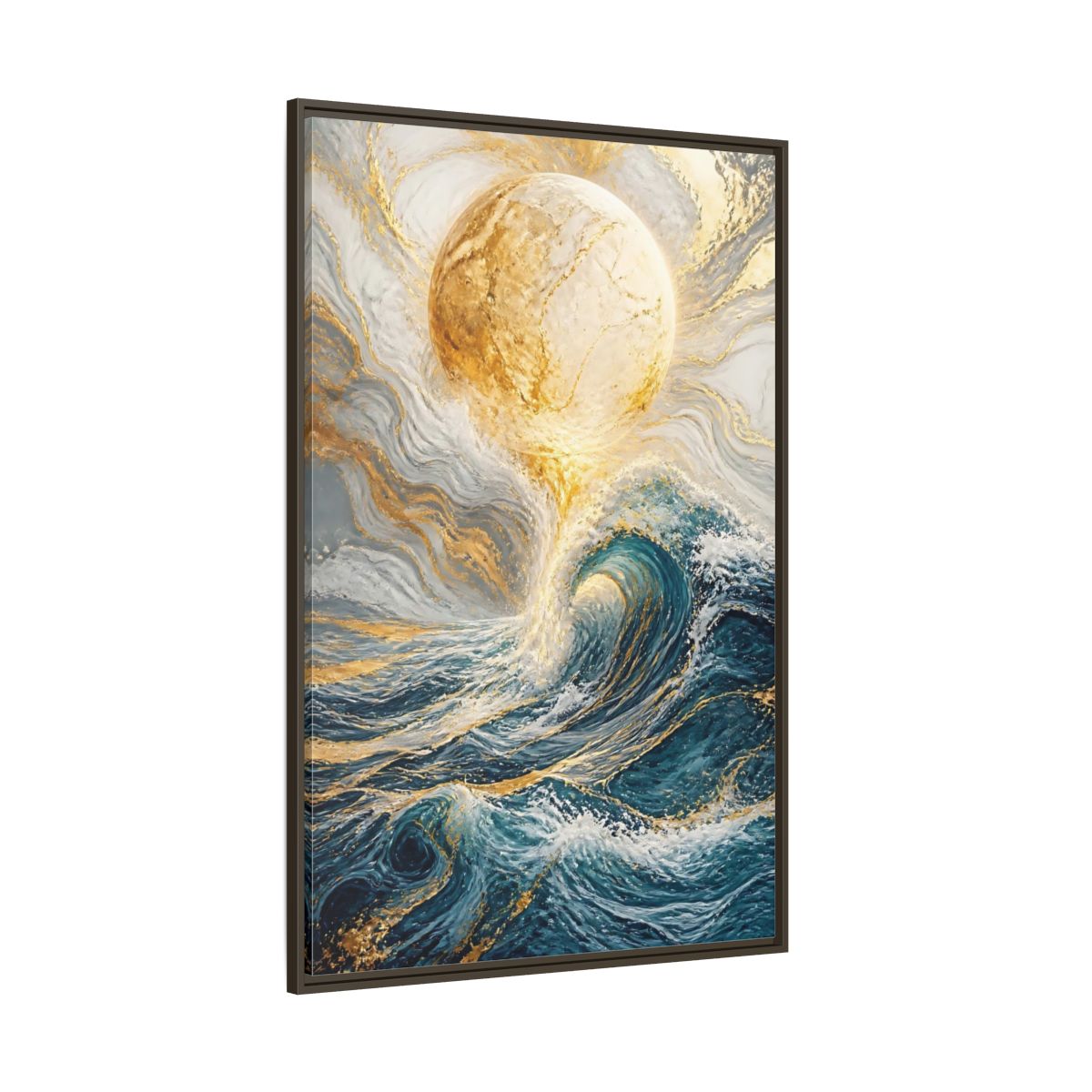 Side Mockup 8. Nature Ocean Wave Blue Gold Ocean shown as stretched canvas wall art