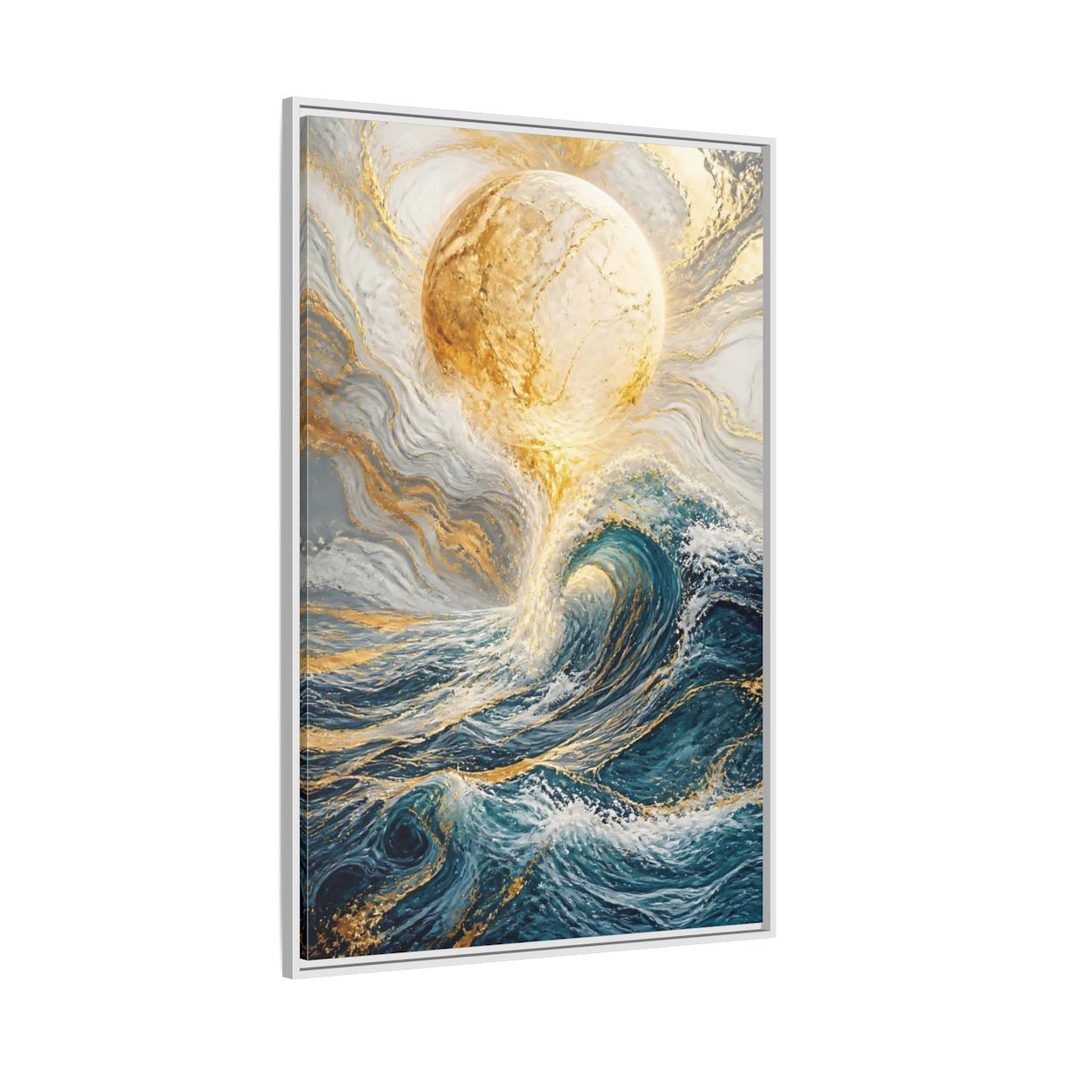 Side Mockup 7. Nature Ocean Wave Blue Gold Ocean shown as stretched canvas wall art