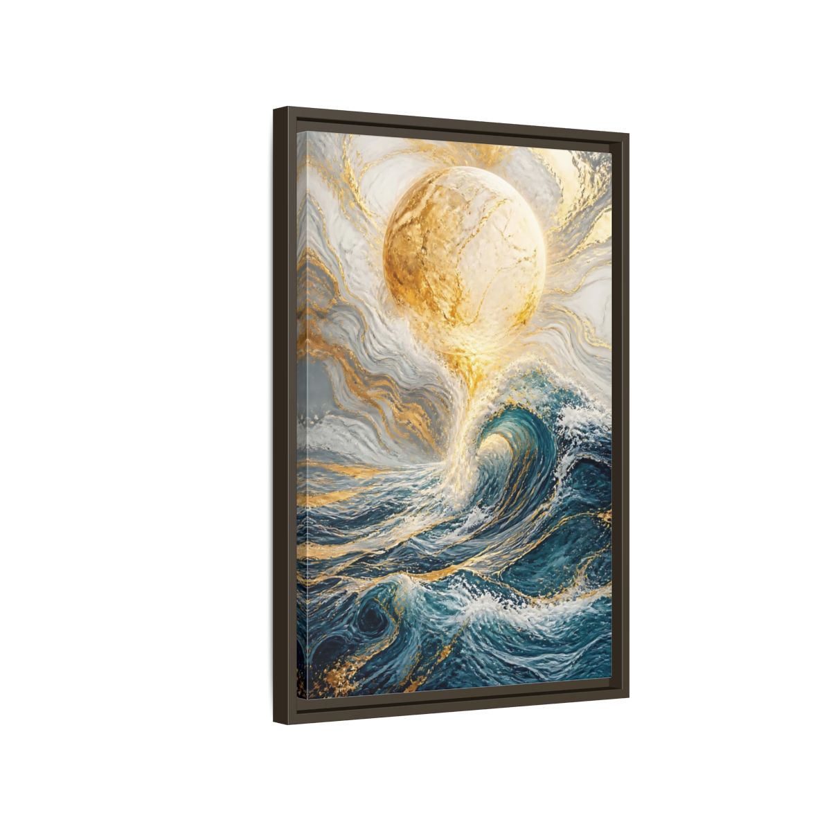 Side Mockup 2. Nature Ocean Wave Blue Gold Ocean shown as stretched canvas wall art