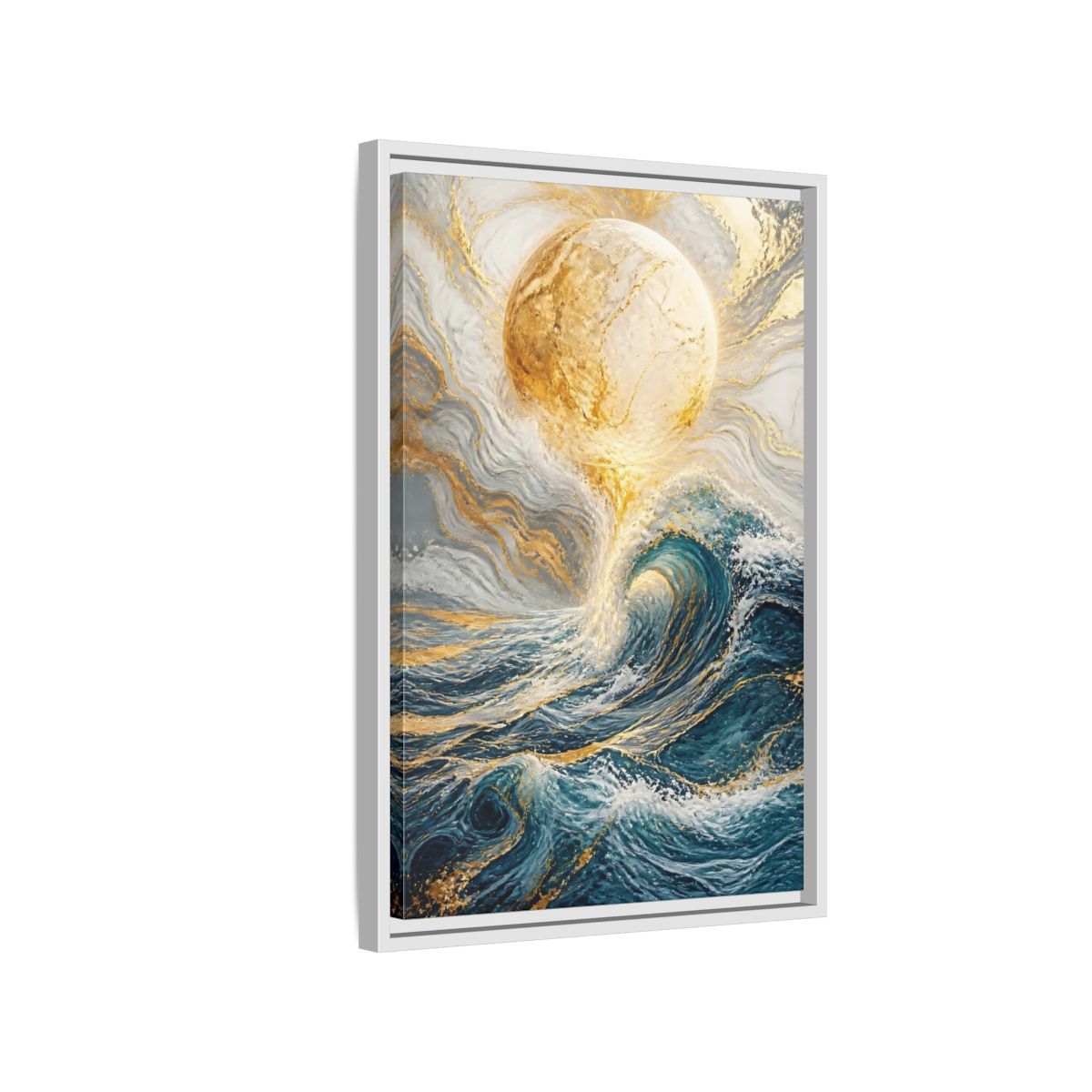 Side Mockup 1. Nature Ocean Wave Blue Gold Ocean shown as stretched canvas wall art