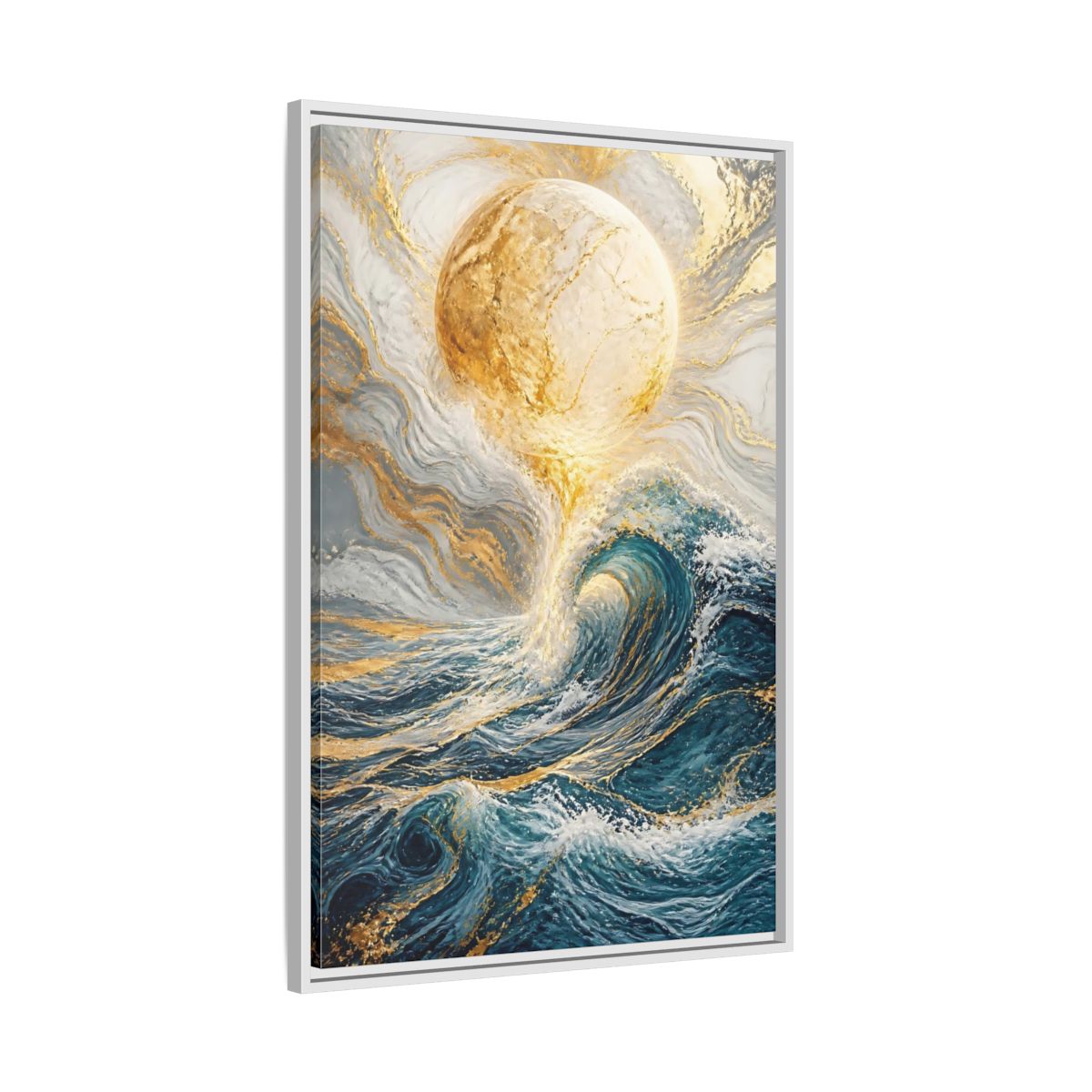 Side Mockup 9. Nature Ocean Wave Blue Gold Ocean shown as stretched canvas wall art