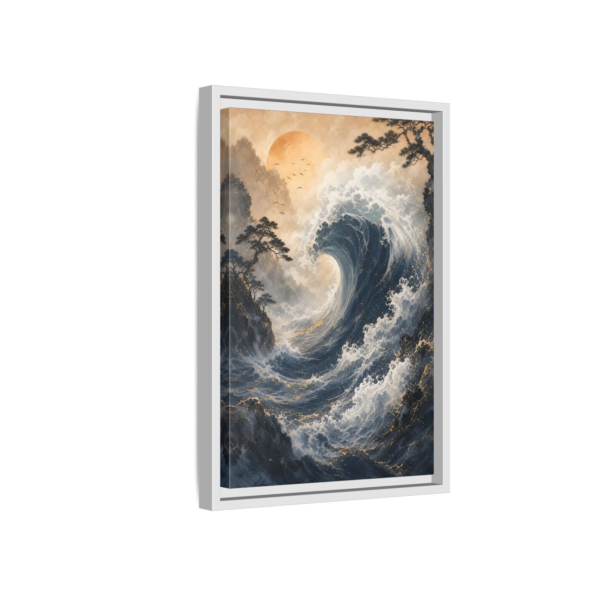 Side Mockup 4. Nature Ocean Wave Blue Gold Wave shown as stretched canvas wall art