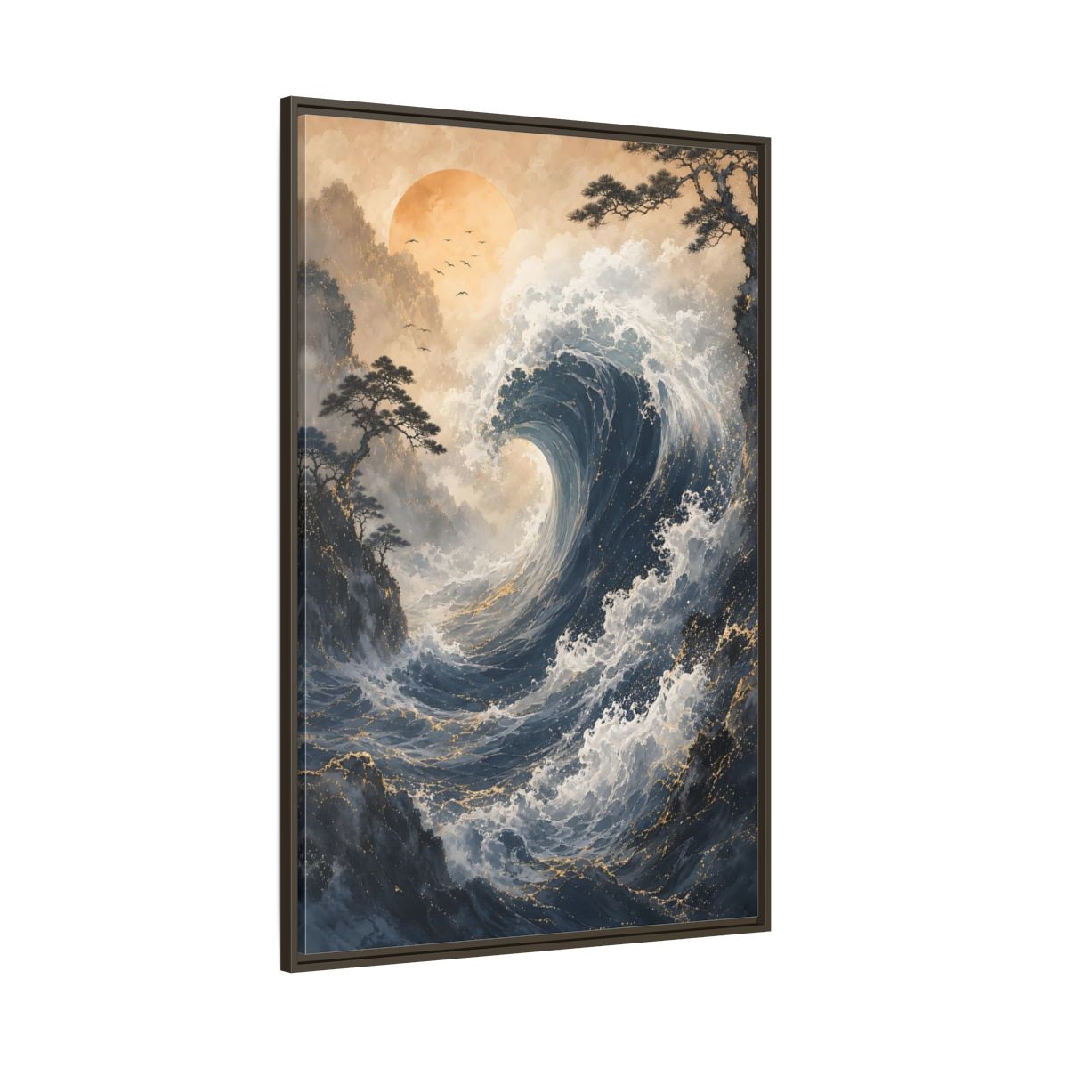 Side Mockup 8. Nature Ocean Wave Blue Gold Wave shown as stretched canvas wall art