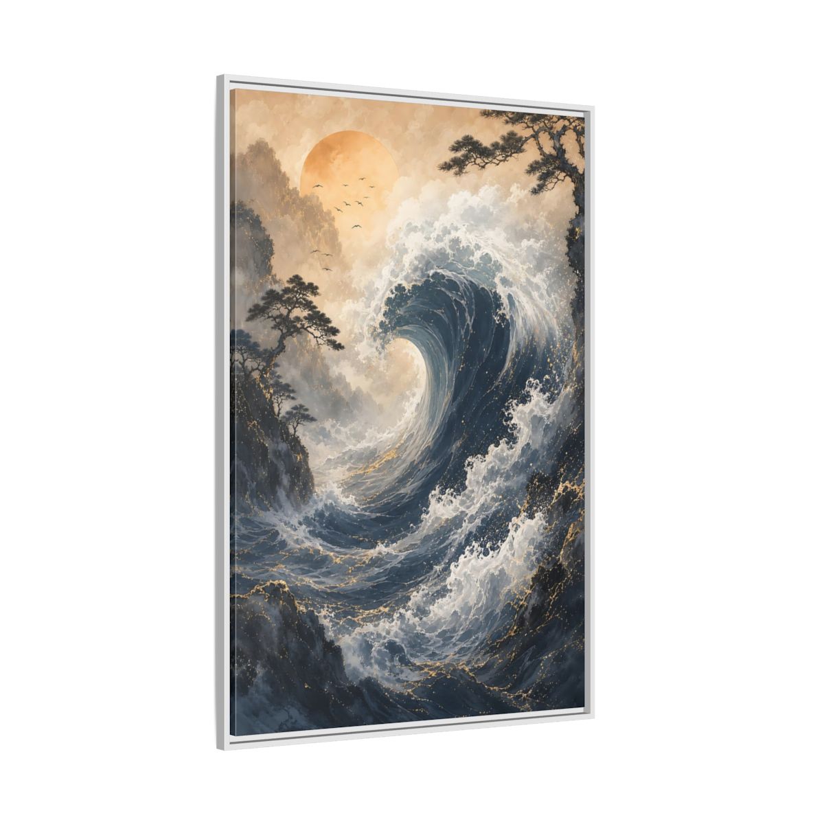 Side Mockup 7. Nature Ocean Wave Blue Gold Wave shown as stretched canvas wall art