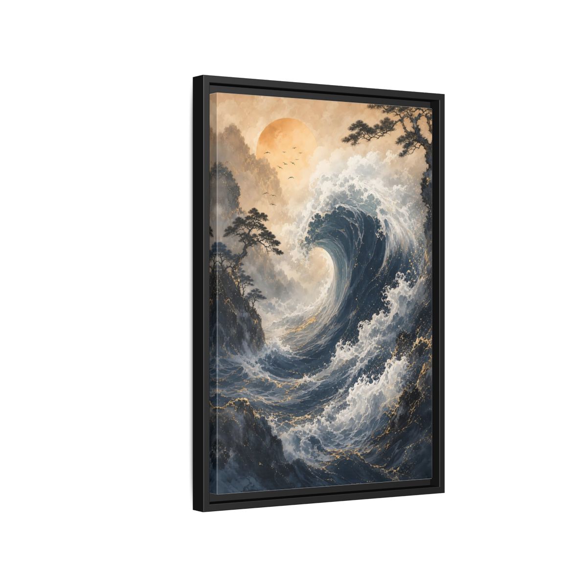 Side Mockup 3. Nature Ocean Wave Blue Gold Wave shown as stretched canvas wall art