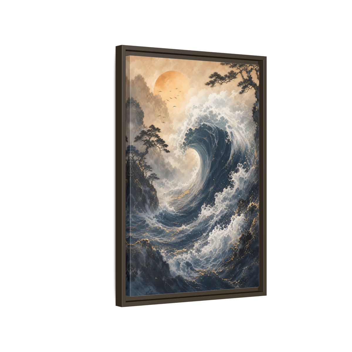 Side Mockup 2. Nature Ocean Wave Blue Gold Wave shown as stretched canvas wall art