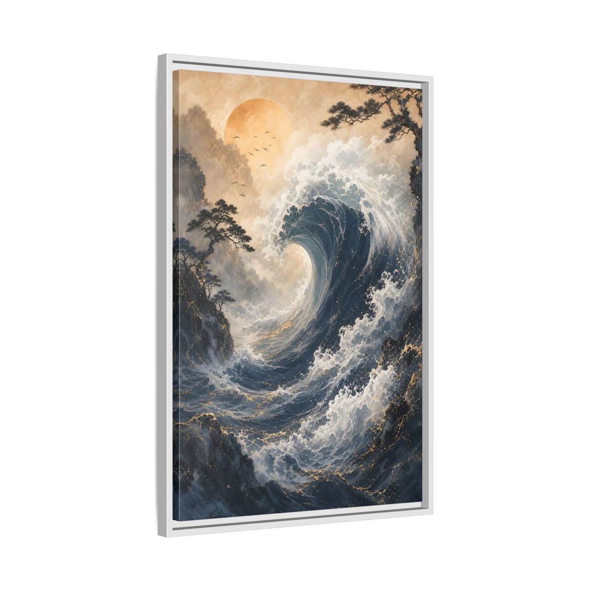 Side Mockup 10. Nature Ocean Wave Blue Gold Wave shown as stretched canvas wall art