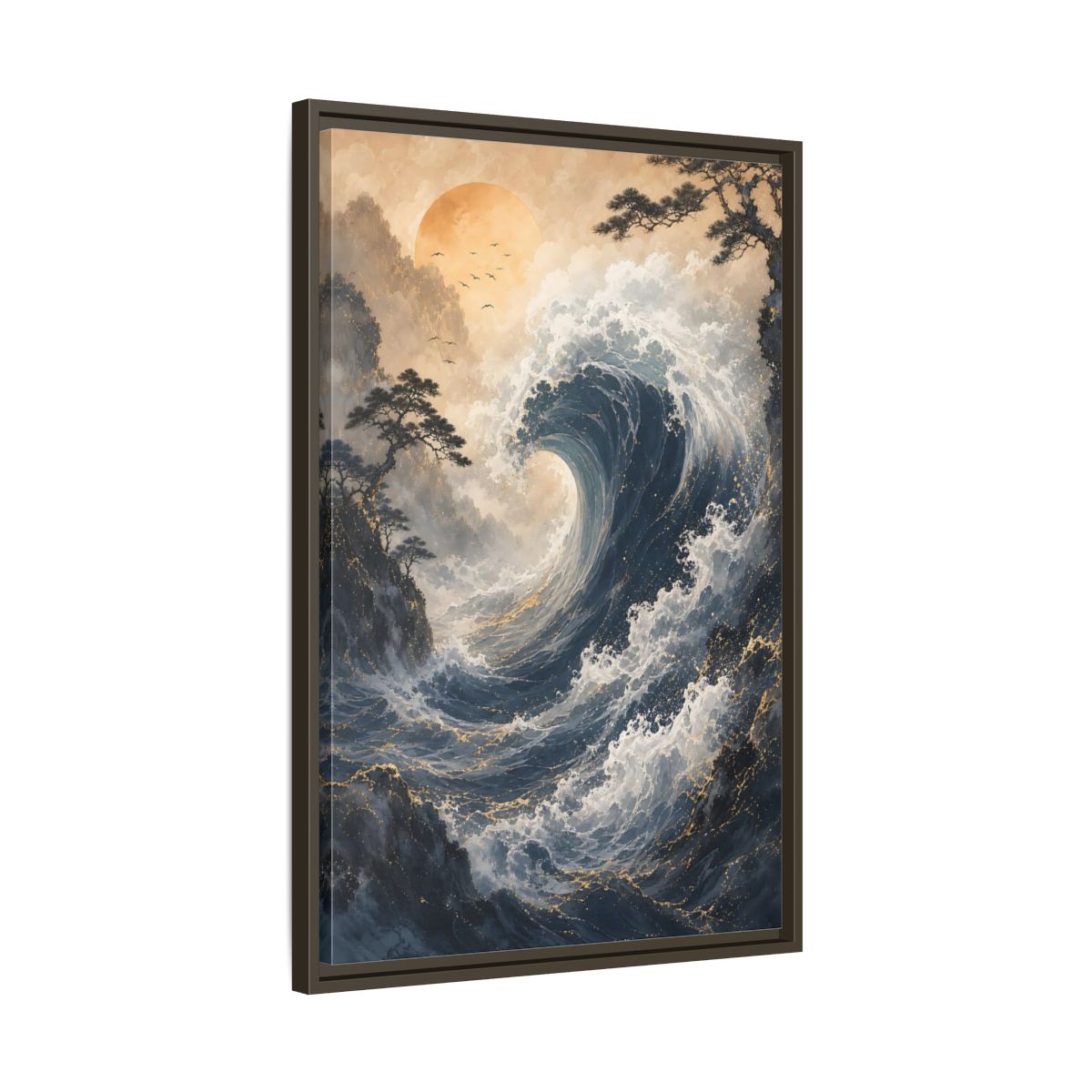 Side Mockup 11. Nature Ocean Wave Blue Gold Wave shown as stretched canvas wall art