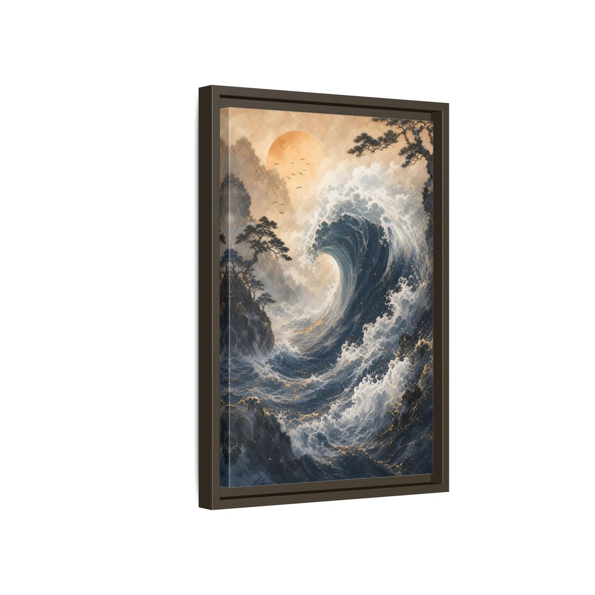 Side Mockup 5. Nature Ocean Wave Blue Gold Wave shown as stretched canvas wall art
