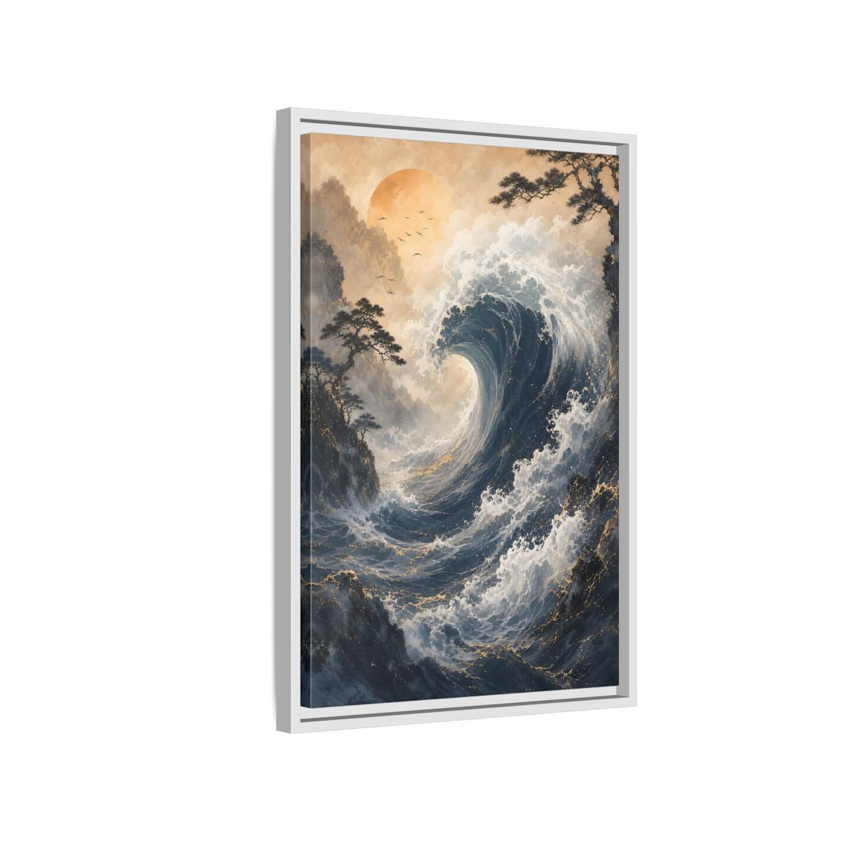 Side Mockup 1. Nature Ocean Wave Blue Gold Wave shown as stretched canvas wall art