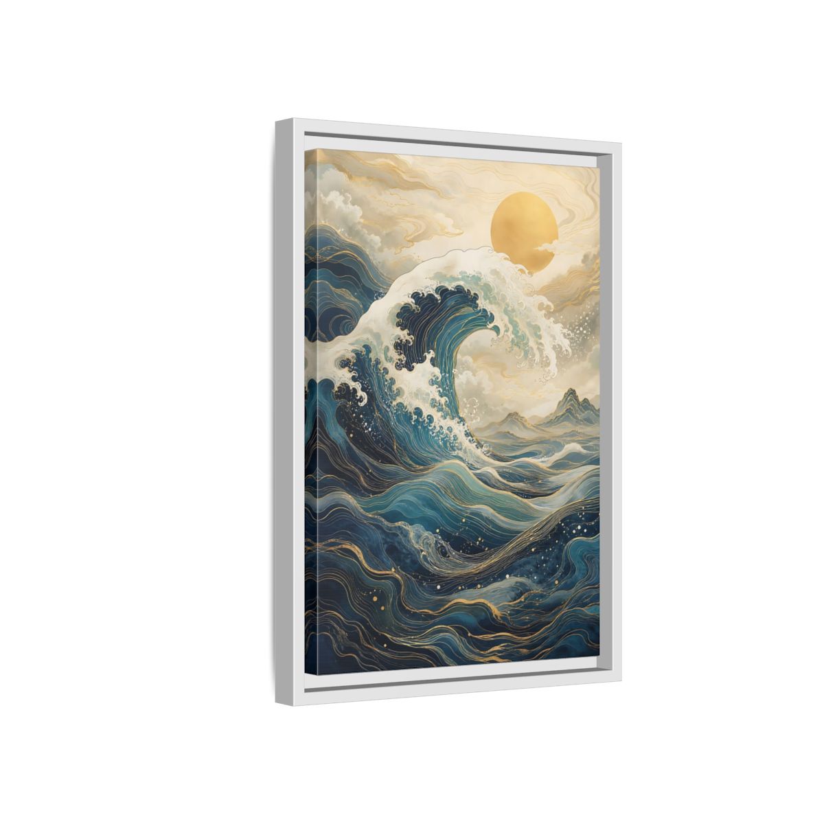 Side Mockup 4. Nature Ocean Wave Blue Gold Wave shown as stretched canvas wall art