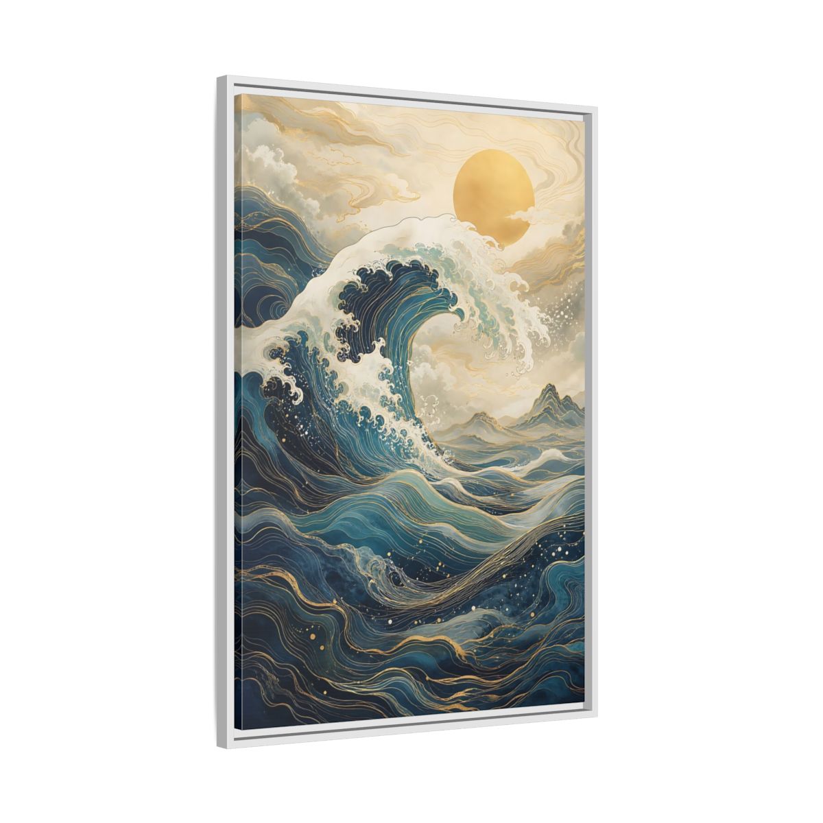 Side Mockup 9. Nature Ocean Wave Blue Gold Wave shown as stretched canvas wall art