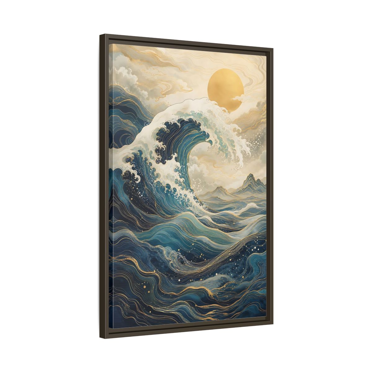 Side Mockup 11. Nature Ocean Wave Blue Gold Wave shown as stretched canvas wall art