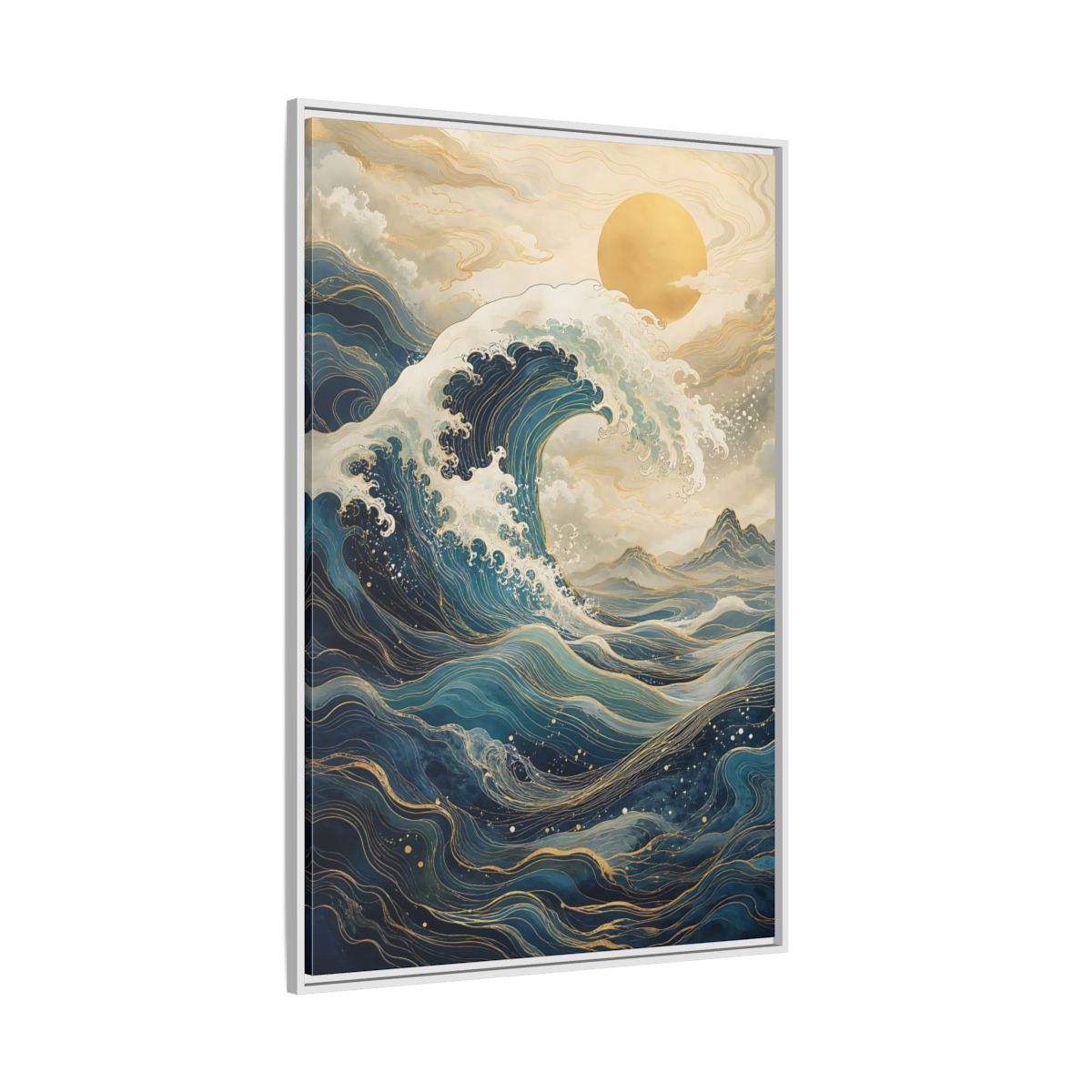 Side Mockup 7. Nature Ocean Wave Blue Gold Wave shown as stretched canvas wall art