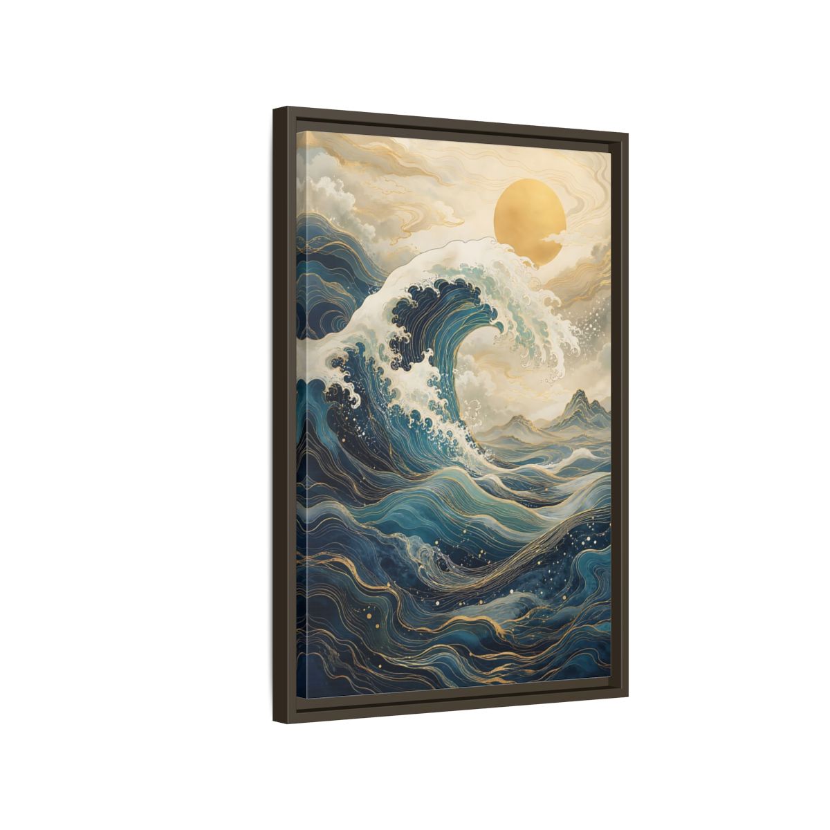 Side Mockup 2. Nature Ocean Wave Blue Gold Wave shown as stretched canvas wall art