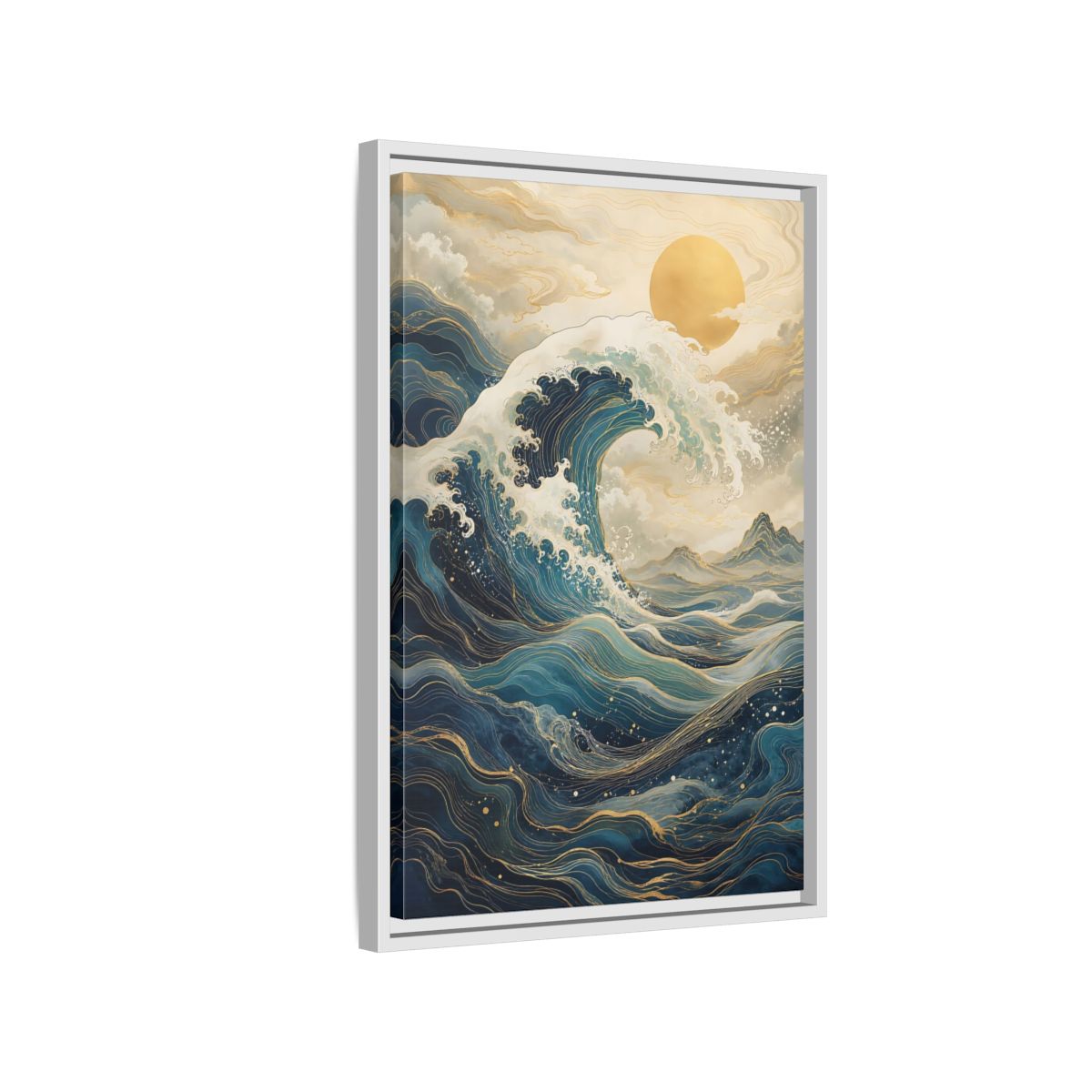 Side Mockup 1. Nature Ocean Wave Blue Gold Wave shown as stretched canvas wall art