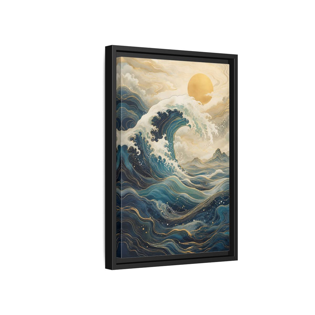 Side Mockup 6. Nature Ocean Wave Blue Gold Wave shown as stretched canvas wall art