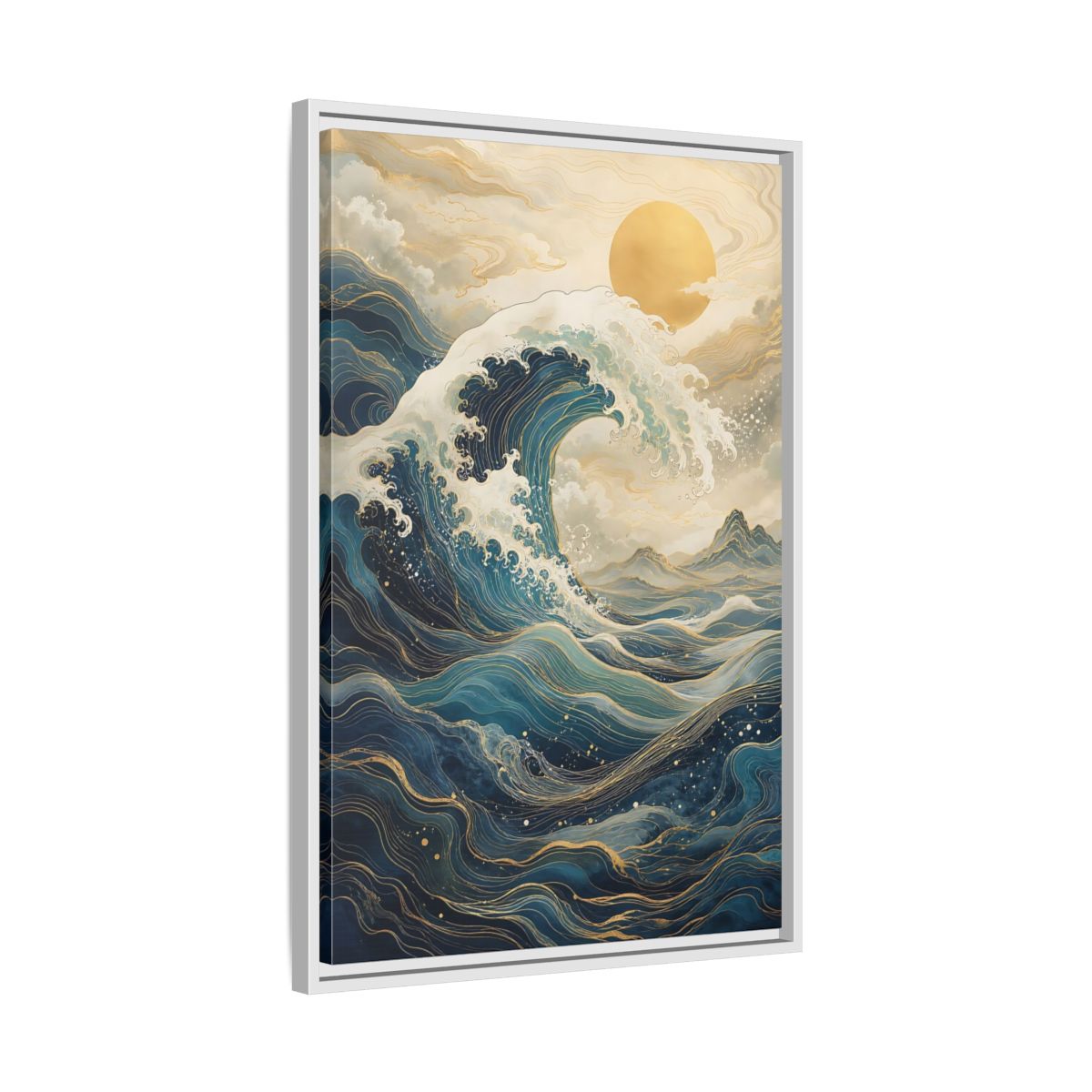 Side Mockup 10. Nature Ocean Wave Blue Gold Wave shown as stretched canvas wall art