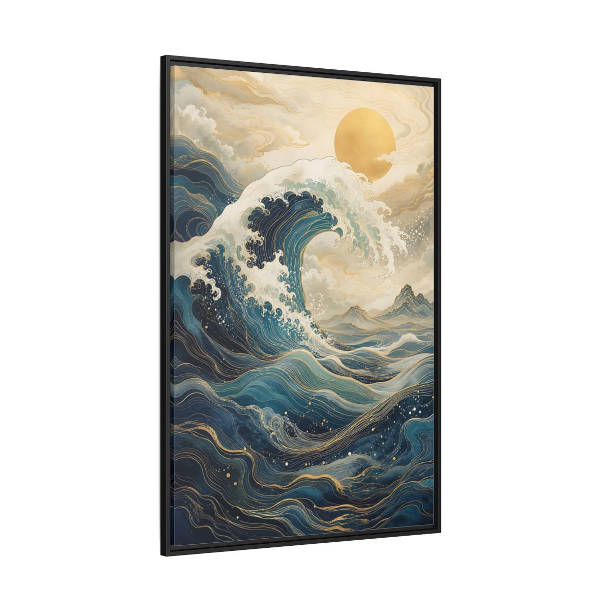 Side Mockup 12. Nature Ocean Wave Blue Gold Wave shown as stretched canvas wall art