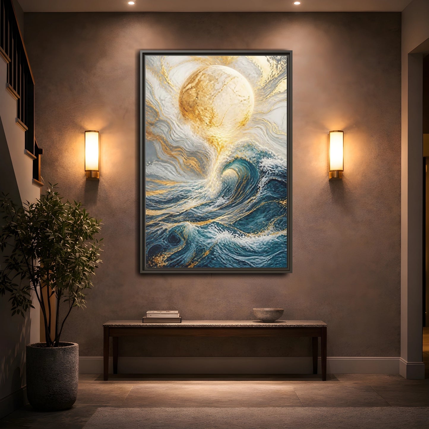 Nature Ocean Wave Blue Gold Framed Canvas Wall Art - Living Room shown as canvas wall art