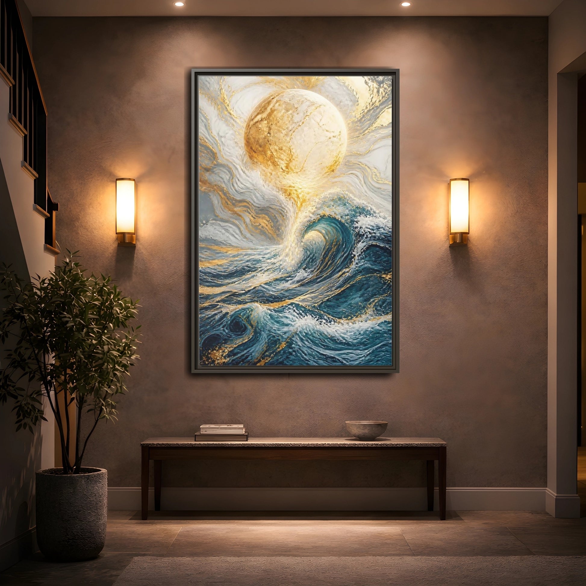 Nature Ocean Wave Blue Gold Framed Canvas Wall Art - Living Room shown as canvas wall art