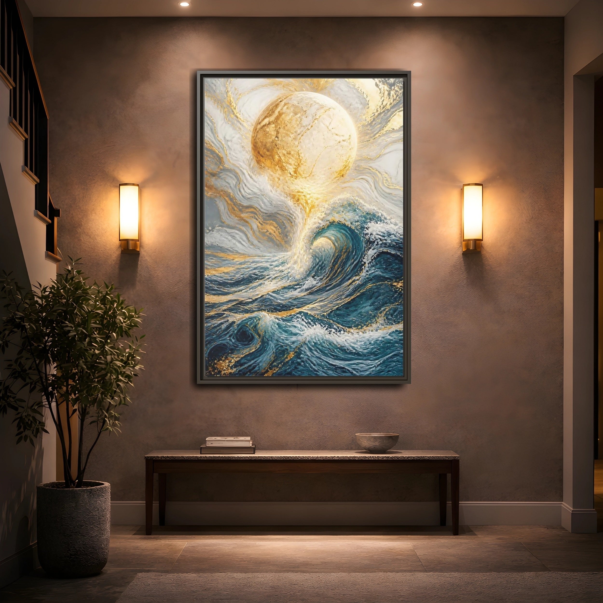 Mockup 2. Nature Ocean Wave Blue Gold Ocean shown as stretched canvas wall art