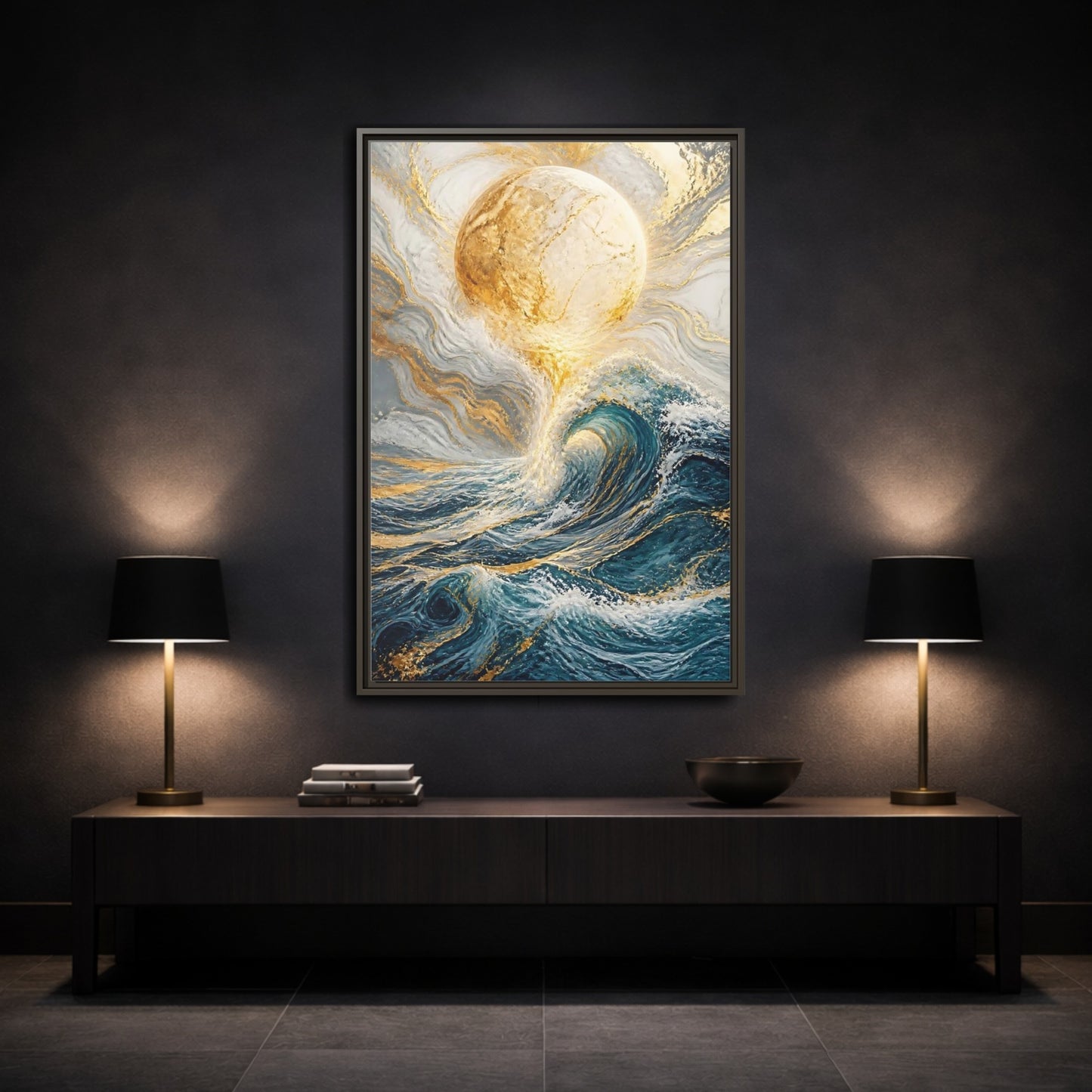 Nature Ocean Wave Blue Gold Framed Canvas Wall Art - Living Room shown as canvas wall art
