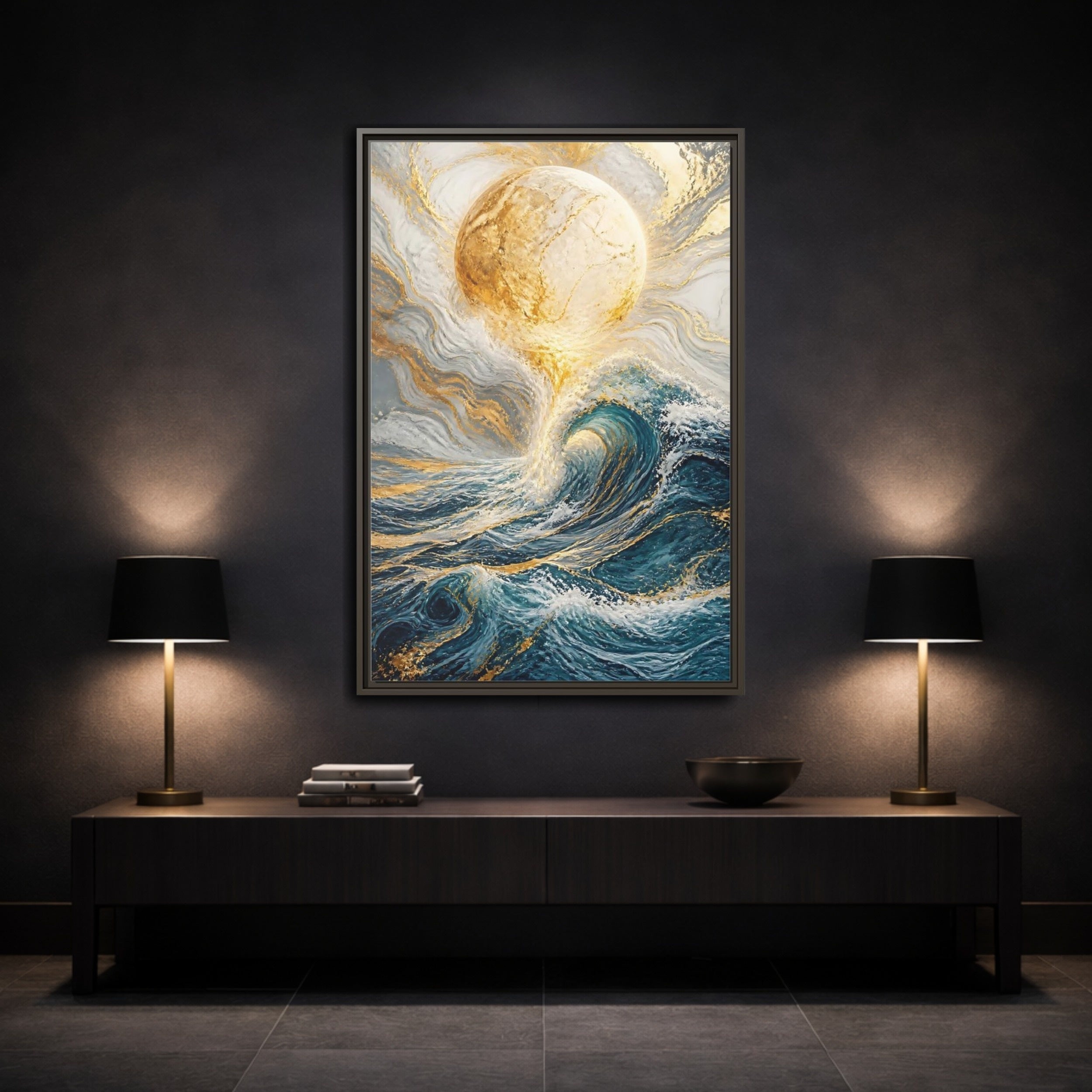 Mockup 3. Nature Ocean Wave Blue Gold Ocean shown as stretched canvas wall art