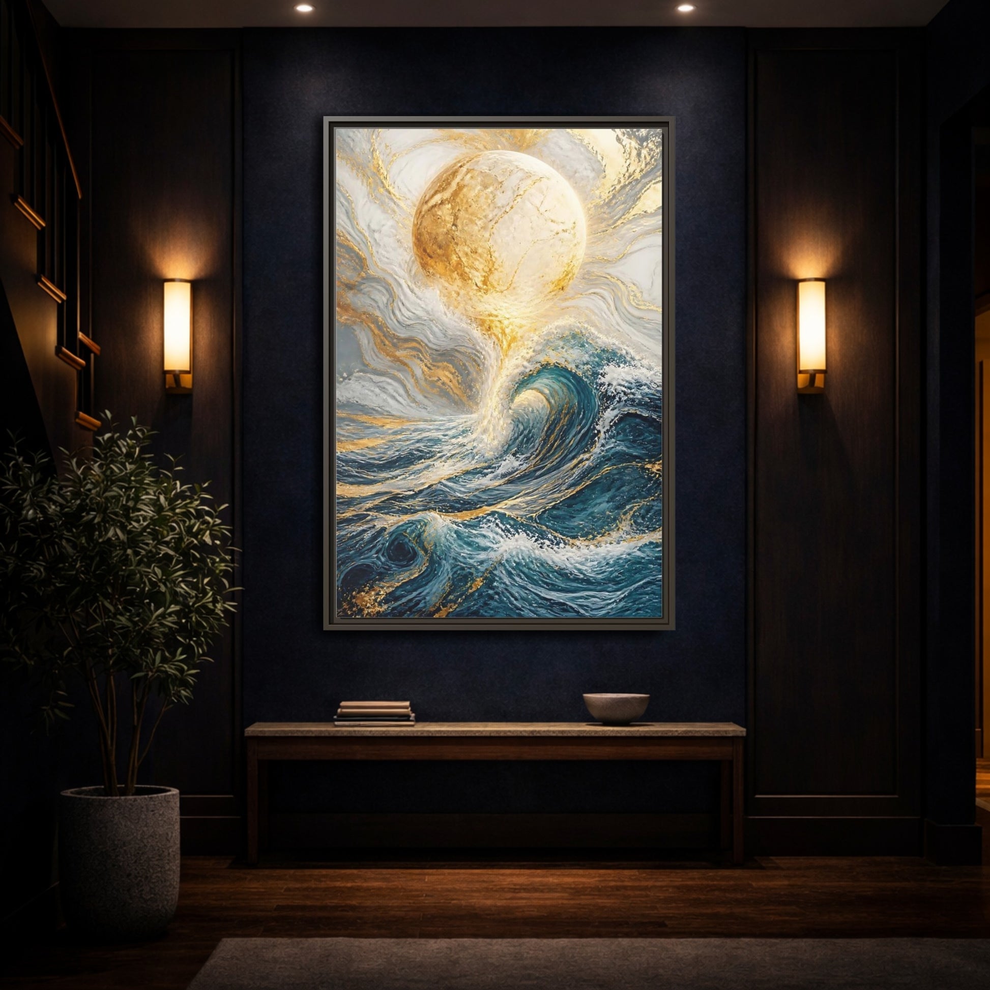 Nature Ocean Wave Blue Gold Framed Canvas Wall Art - Living Room shown as canvas wall art