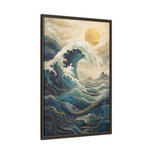 Main Mockup. Nature Ocean Wave Blue Gold Wave shown as stretched canvas wall art