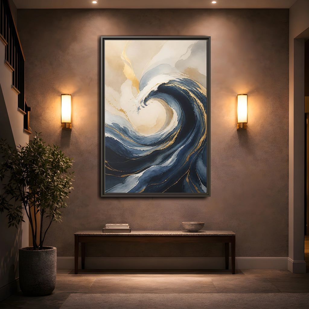 Mockup 2. Nature Ocean Wave Blue Gold Wave shown as stretched canvas wall art