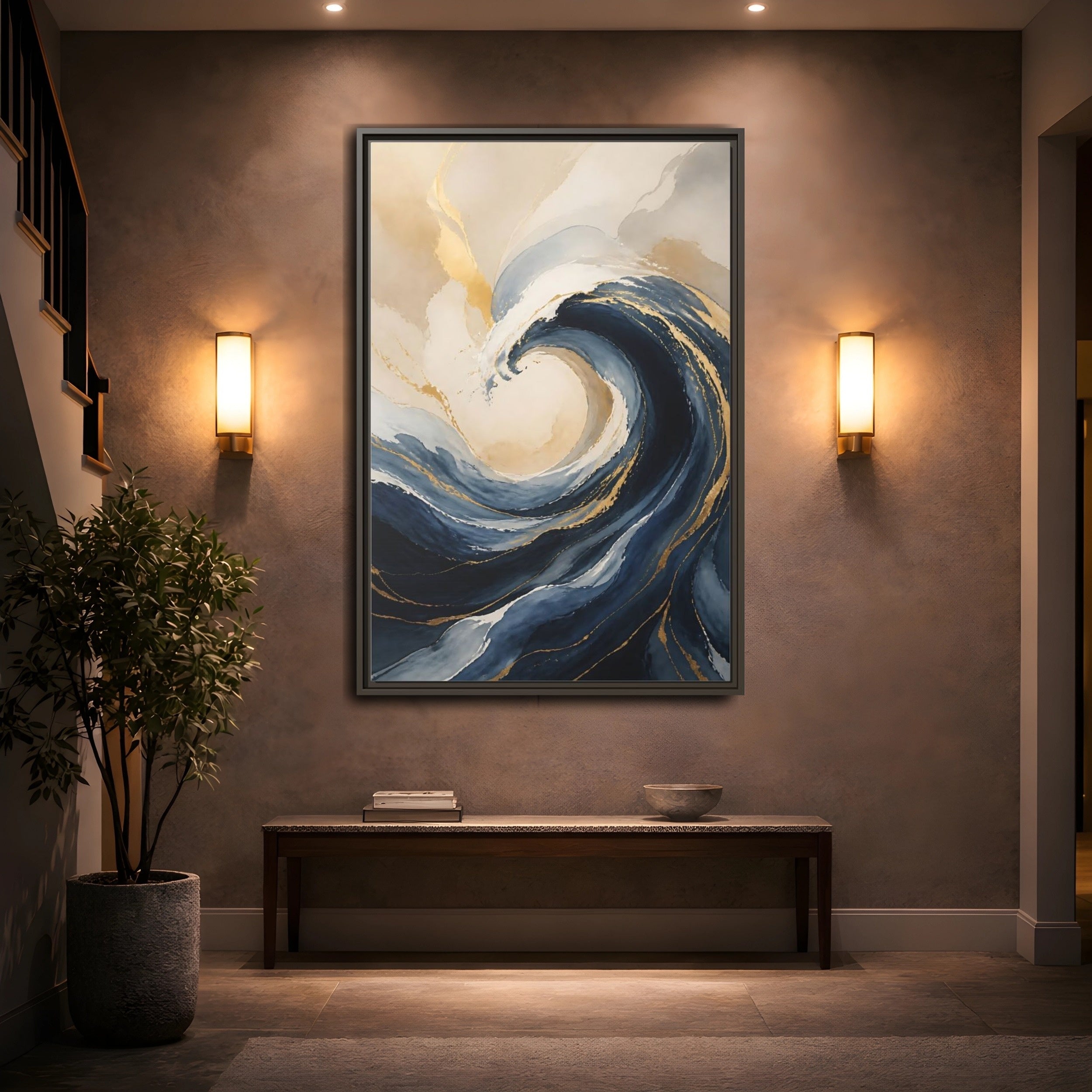 Mockup 2. Nature Ocean Wave Blue Gold Wave shown as stretched canvas wall art